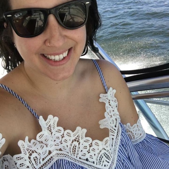 Lace trim Blue & white nautical stripe off shoulder dress boho summer dress - Picture 4 of 5